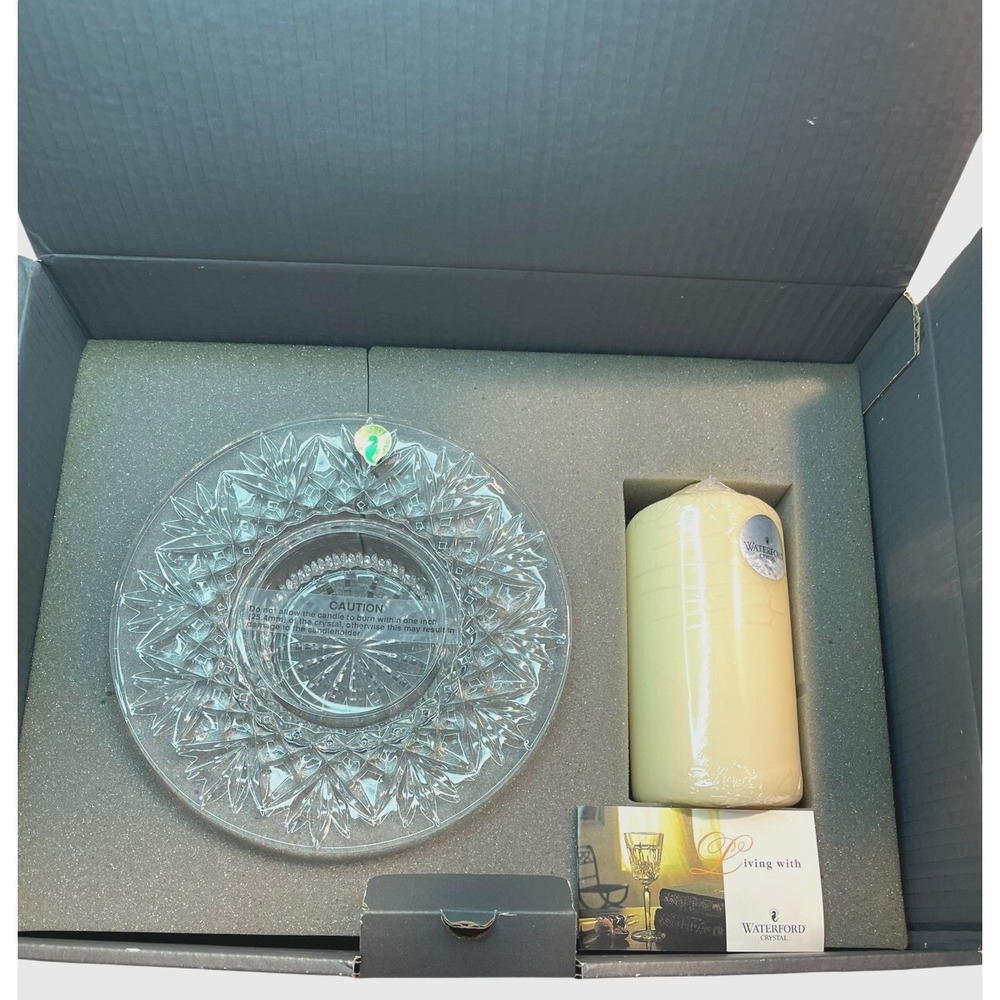 Waterford Crystal Bethany 8" Round Candle Holder  & 3" Pillar Candle-NEW IN BOX‎